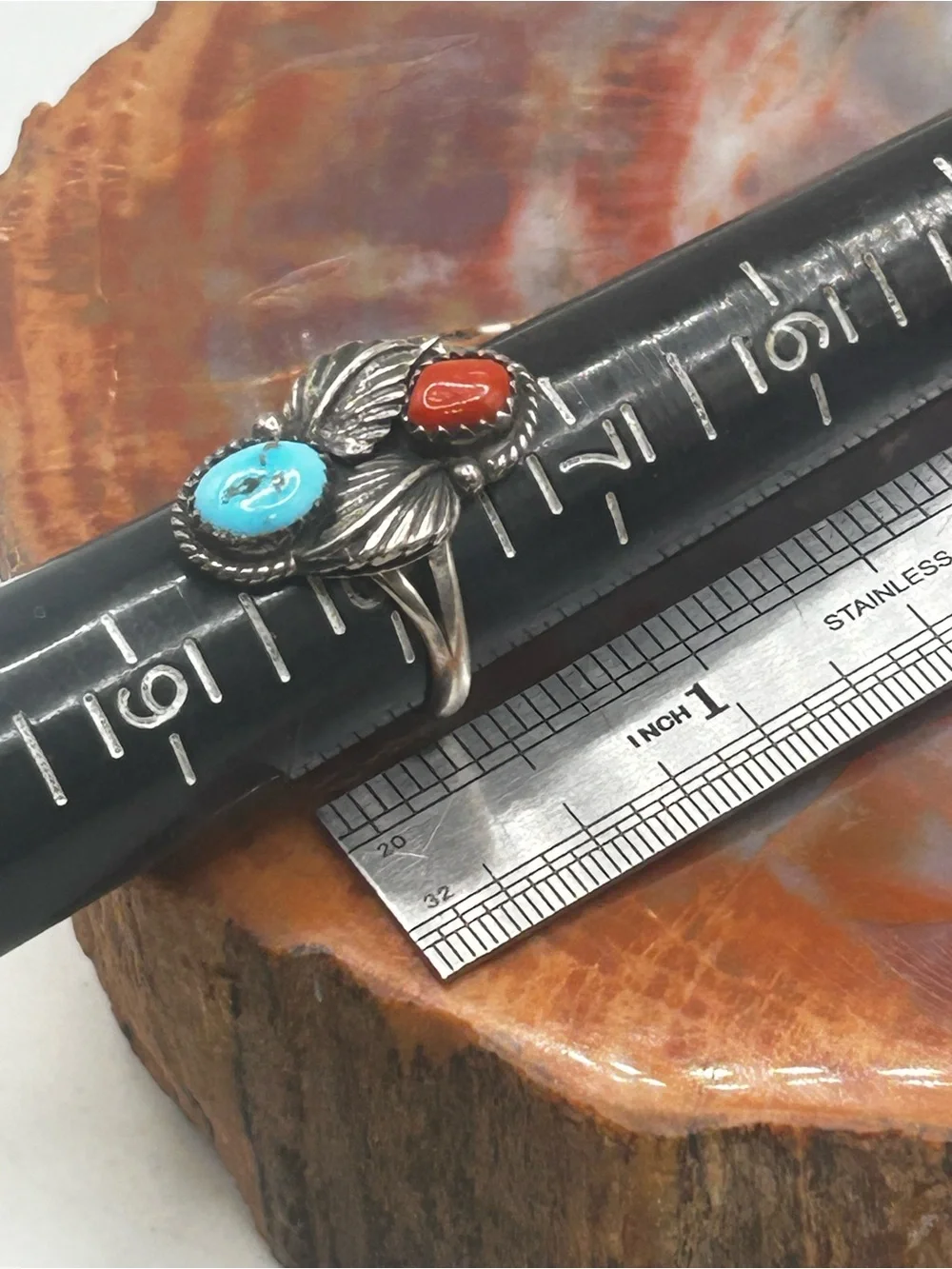 Southwest Sterling Silver Turquoise and Coral Ring - Size 8